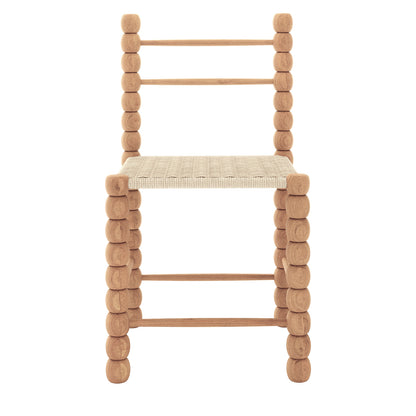 Em Solid Oak Dining Chair Set of 2 - Natural, featuring a bobbin-style wooden frame with cylindrical segments and a tightly woven natural-fiber seat, designed for durability and modern farmhouse aesthetics.