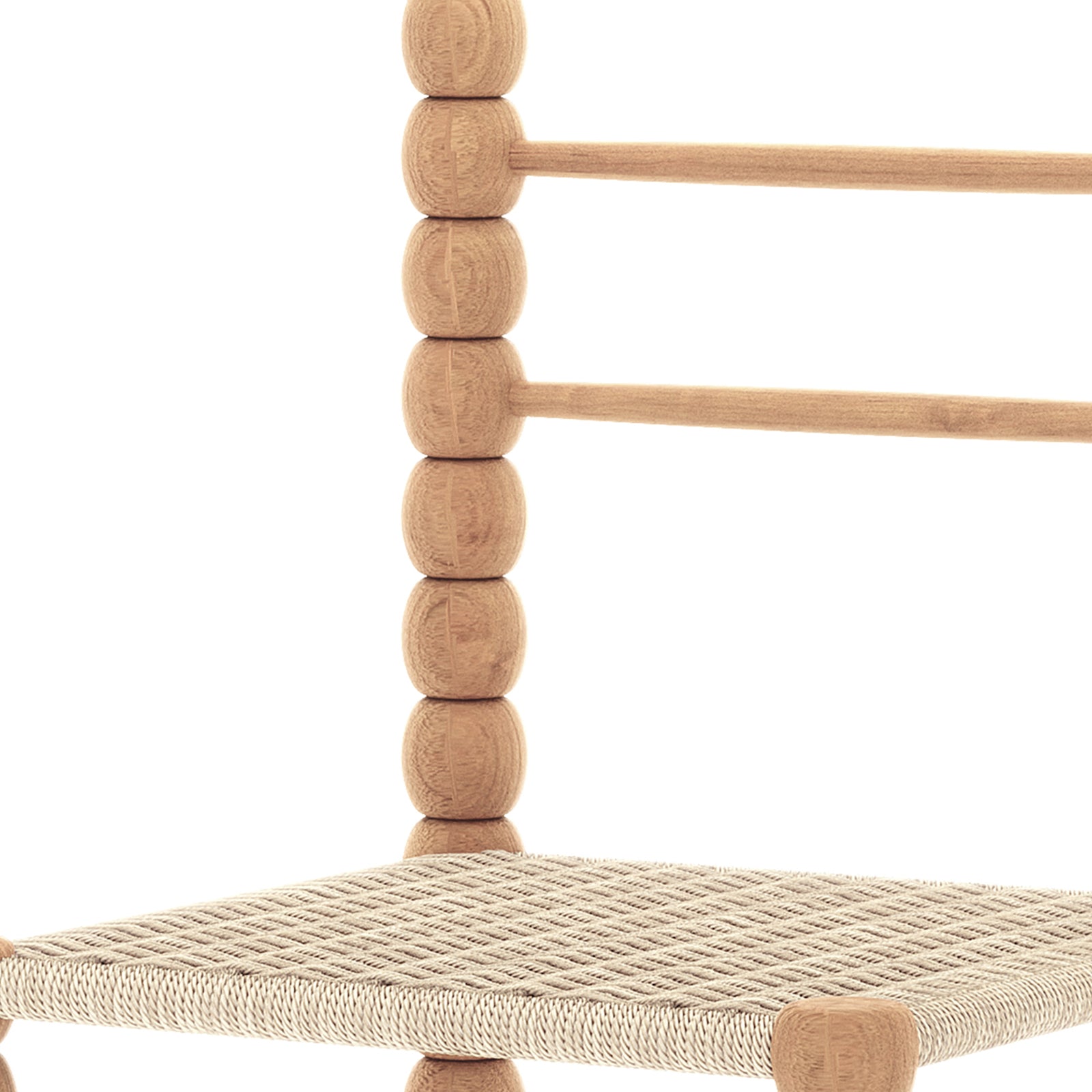 Em Solid Oak Dining Chair Set of 2 - Natural, featuring a sturdy bobbin-style wooden frame with rounded beads, two thin horizontal rails, and a woven cord seat, exuding rustic charm and durability.