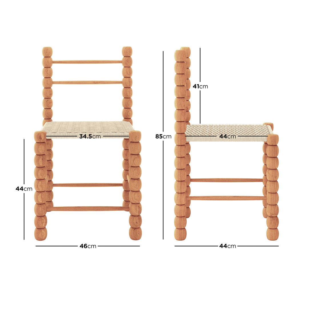 Em Solid Oak Dining Chair Set of 2 - Natural, showcasing front and side views featuring a bobbin-style frame of stacked cylindrical beads with woven natural fiber seat, highlighting dimensions and durable solid oak construction.
