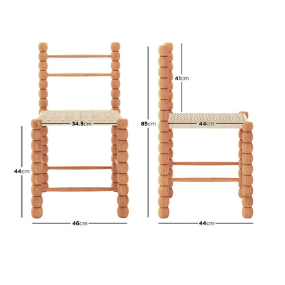 Em Solid Oak Dining Chair Set of 2 - Natural, showcasing front and side views featuring a bobbin-style frame of stacked cylindrical beads with woven natural fiber seat, highlighting dimensions and durable solid oak construction.