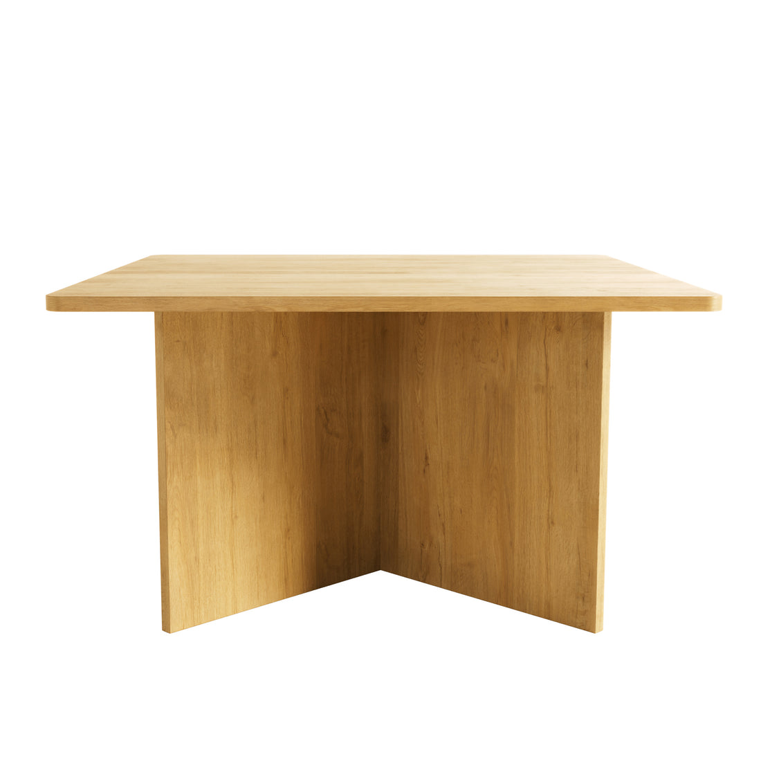 Emelia 80cm Square Coffee Table, showcasing its triangular base and sleek plywood design, ideal for enhancing living spaces with its modern, functional appeal.