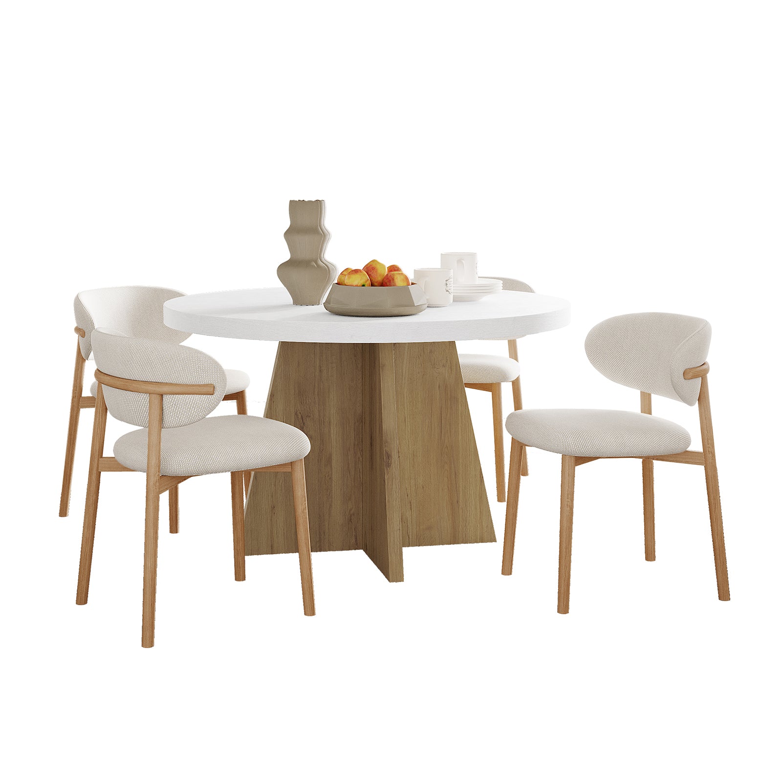 Enid & Audrey 4 Seater Dining Table & Chair Set in Beige features a round white tabletop on a wooden pedestal with four upholstered chairs, styled with a vase, apples, dishes, and mugs.