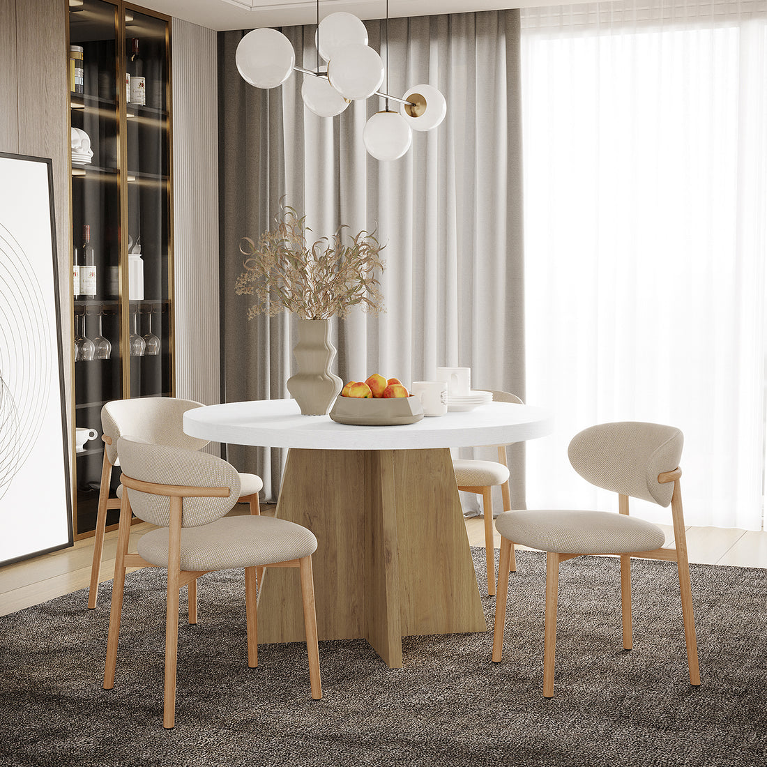 Enid Round Table with 4 Audrey Dining Chair Set - Beige, featuring a round table and four elegantly designed chairs, arranged in a dining setup on an indoor table.