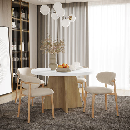 Enid Round Table with 4 Audrey Dining Chair Set - Beige, featuring a round table and four elegantly designed chairs, arranged in a dining setup on an indoor table.