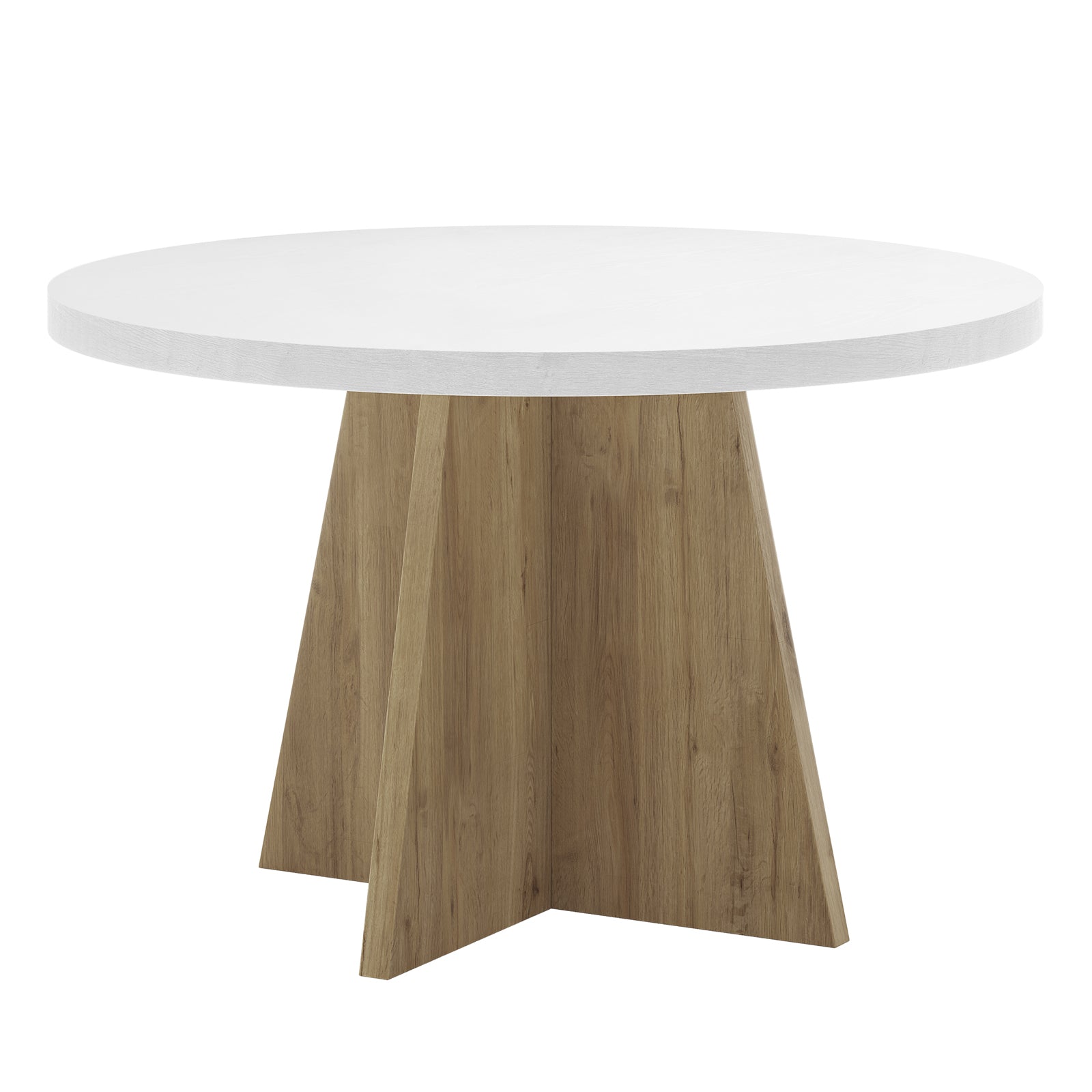Enid Round Table with 4 Audrey Dining Chair Set - Beige, featuring a round white tabletop with a wooden base, accompanied by four beige upholstered chairs with sleek metal legs.