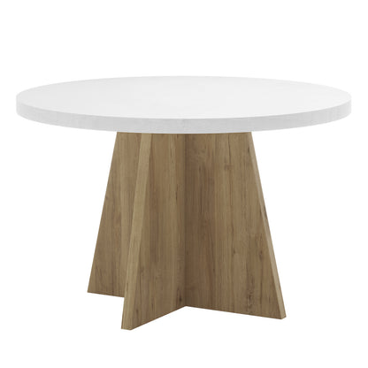 Enid Round Table with 4 Audrey Dining Chair Set - Beige, featuring a round white tabletop with a wooden base, accompanied by four beige upholstered chairs with sleek metal legs.
