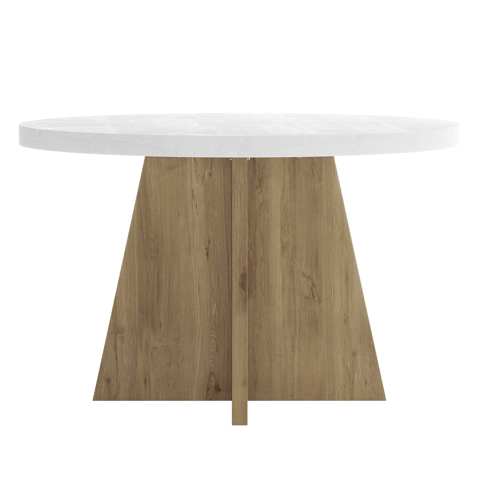 Enid & Audrey 4 Seater Dining Table & Chair Set features a round white tabletop on a geometric wooden pedestal, paired with four beige upholstered chairs, offering a stylish and practical dining solution.