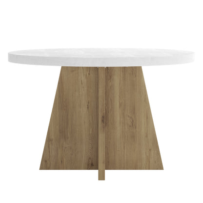 Enid & Audrey 4 Seater Dining Table & Chair Set features a round white tabletop on a geometric wooden pedestal, paired with four beige upholstered chairs, offering a stylish and practical dining solution.