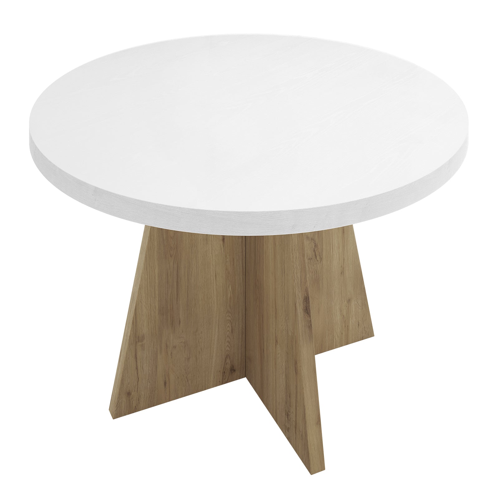 Enid & Audrey 4 Seater Dining Table & Chair Set in Beige features a round white tabletop on a geometric wooden base with intersecting panels, perfectly paired with four soft beige fabric chairs.