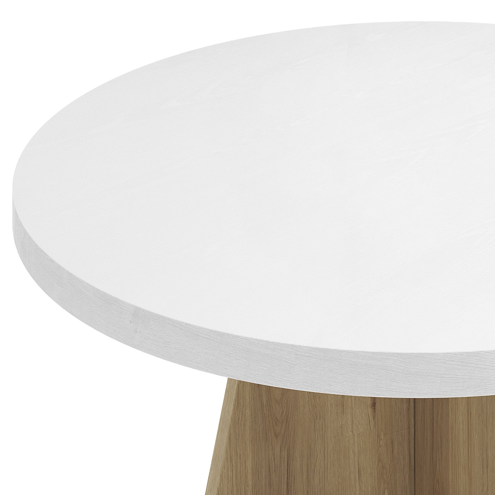Close-up of the Enid & Audrey 4 Seater Dining Table & Chair Set in Beige, showcasing a round white tabletop on a wooden pedestal base, accompanied by four padded fabric chairs.