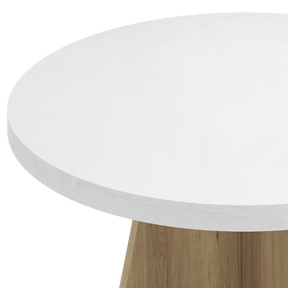 Close-up of the Enid & Audrey 4 Seater Dining Table & Chair Set in Beige, showcasing a round white tabletop on a wooden pedestal base, accompanied by four padded fabric chairs.