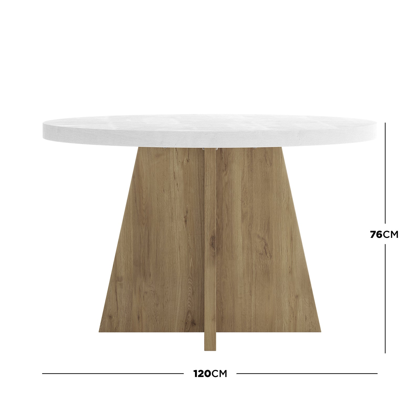Enid & Audrey 4 Seater Dining Table & Chair Set in Beige: A 120cm round table with a white top and oak-tone X base, paired with four beige fabric chairs, offering a stylish dining solution.
