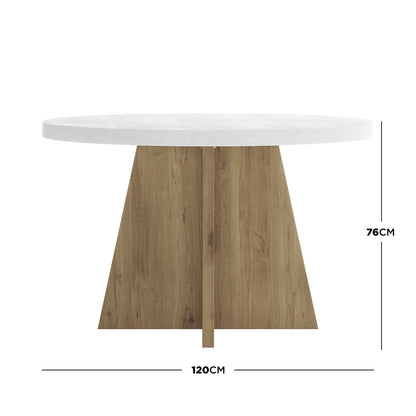 Enid & Audrey 4 Seater Dining Table & Chair Set in Beige: A 120cm round table with a white top and oak-tone X base, paired with four beige fabric chairs, offering a stylish dining solution.