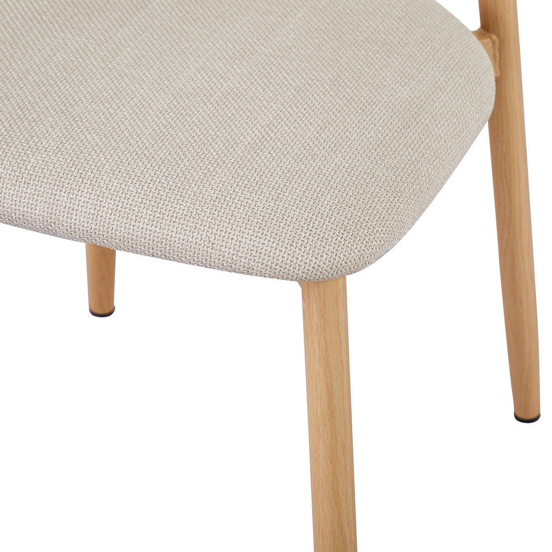 Close-up of Audrey Dining Chair from Enid Round Table with 4 Audrey Dining Chair Set - Beige, highlighting linen upholstery, foam padding, and wood-feel metal legs for a sleek, modern design.