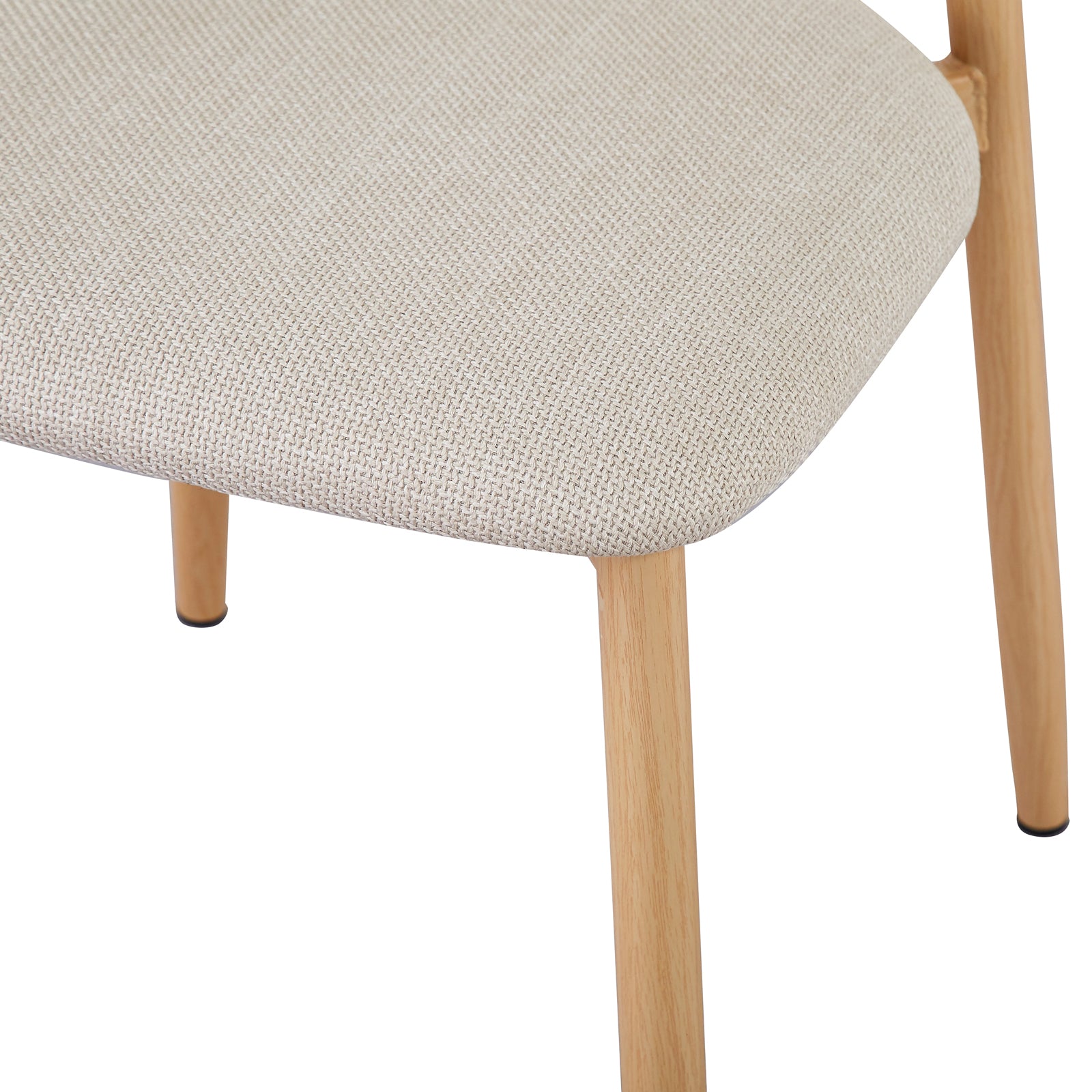 Close-up of Audrey Dining Chair from Enid Round Table with 4 Audrey Dining Chair Set - Beige, highlighting linen upholstery, foam padding, and wood-feel metal legs for a sleek, modern design.