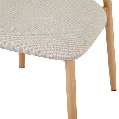 Close-up of Audrey Dining Chair from Enid Round Table with 4 Audrey Dining Chair Set - Beige, highlighting linen upholstery, foam padding, and wood-feel metal legs for a sleek, modern design.
