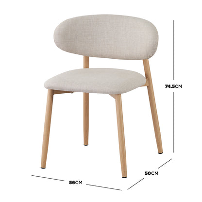 Close-up of Audrey Dining Chair from the Enid Round Table with 4 Audrey Dining Chair Set - Beige, showcasing linen upholstery, foam padding, and wood-feel metal legs for a sophisticated dining experience.