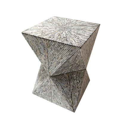 Enki 35cm Mother of Pearl Inlay Side Table in Beige & Black, featuring an hourglass form with intricate radial and herringbone mosaic patterns, handcrafted tiles, and a unique starburst top design.