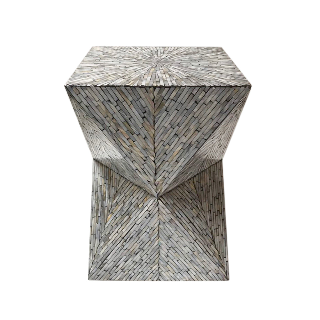 Enki 35cm Mother of Pearl Inlay Side Table in Beige & Black, featuring a geometric pedestal design with a mosaic of thin, rectangular tiles in a chevron pattern, creating a sophisticated accent piece.