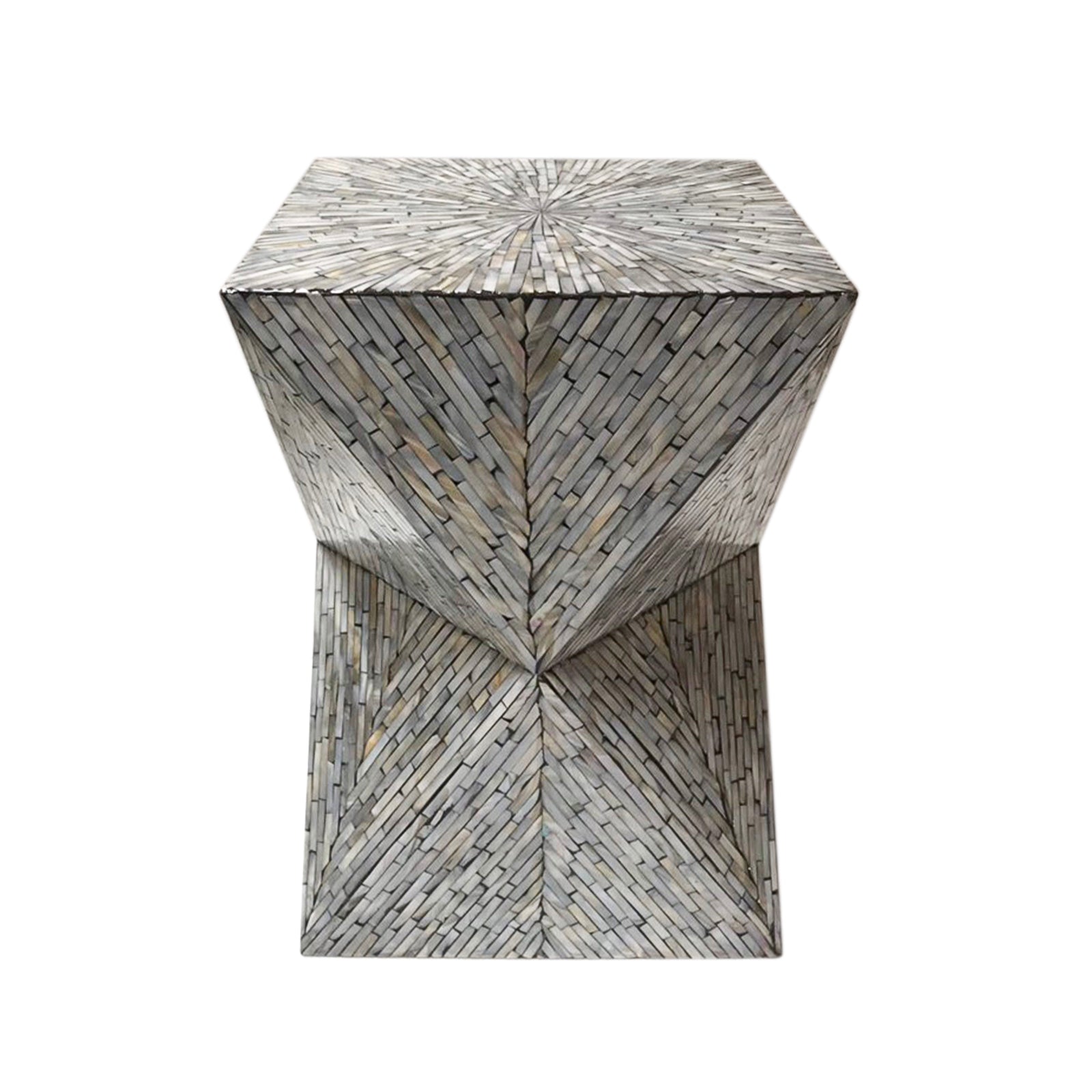Enki 35cm Mother of Pearl Inlay Side Table in Beige & Black, featuring a geometric pedestal design with a mosaic of thin, rectangular tiles in a chevron pattern, creating a sophisticated accent piece.