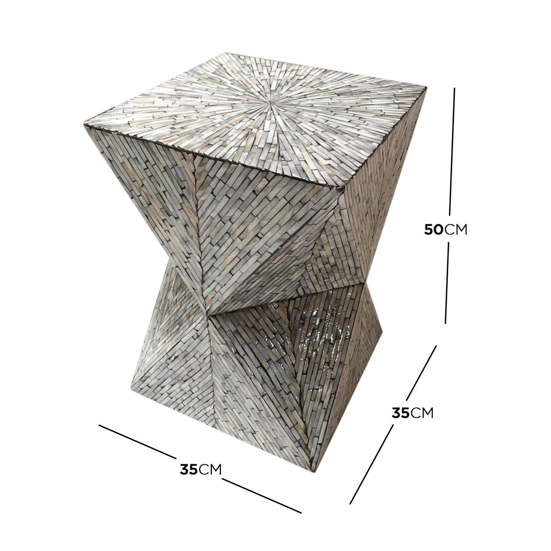 Enki 35cm Mother of Pearl Inlay Side Table in Beige & Black, featuring an hourglass shape with intricate mother-of-pearl chevron patterns, perfect for adding elegance and function to compact spaces.