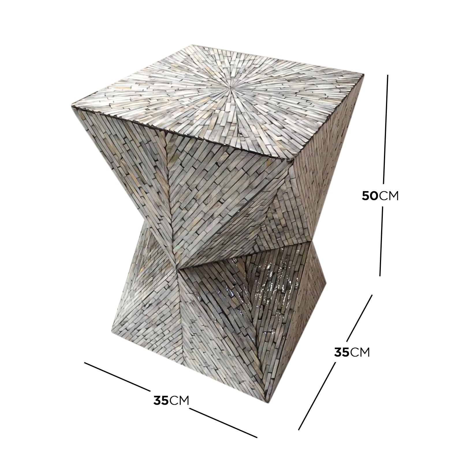 Enki 35cm Mother of Pearl Inlay Side Table in Beige & Black, featuring an hourglass shape with intricate mother-of-pearl chevron patterns, perfect for adding elegance and function to compact spaces.