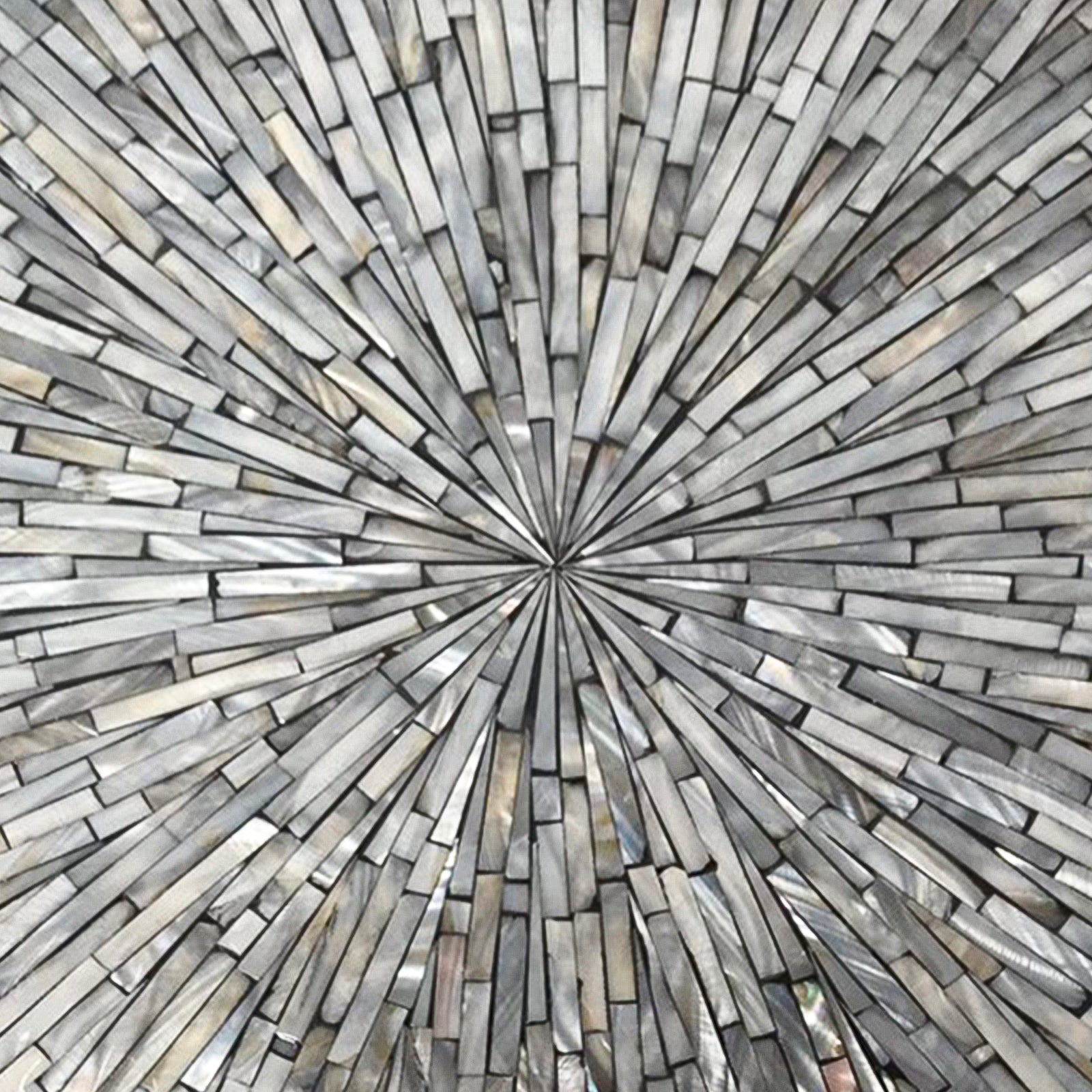 Enki 35cm Mother of Pearl Inlay Side Table in Beige & Black, showcasing a radial sunburst mosaic pattern with narrow rectangular pieces, highlighting its exquisite hand-crafted, luxurious design.