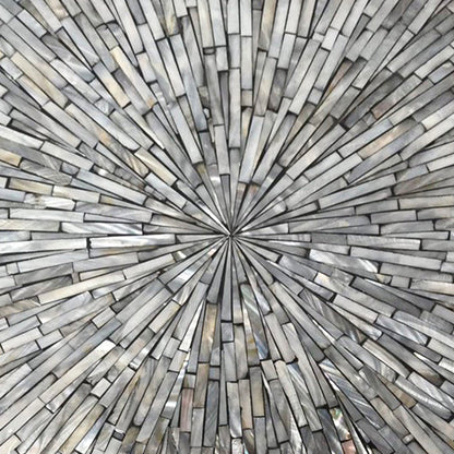 Enki 35cm Mother of Pearl Inlay Side Table in Beige & Black, showcasing a radial sunburst mosaic pattern with narrow rectangular pieces, highlighting its exquisite hand-crafted, luxurious design.