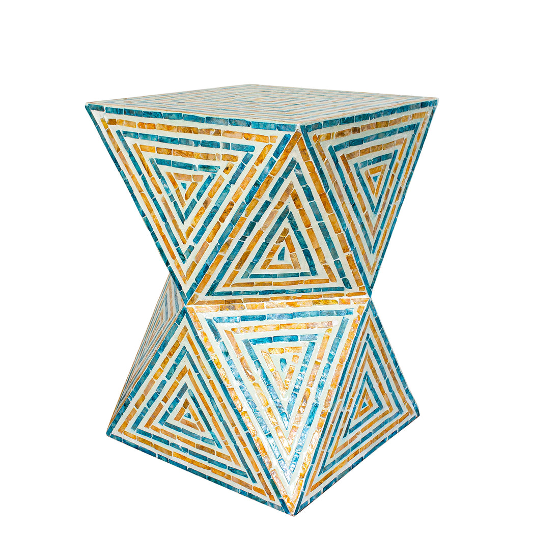 Enki 35cm Mother of Pearl Inlay Side Table in Orange & Blue, featuring an hourglass shape with a triangular mosaic pattern of blue, teal, and amber tiles, highlighting artisanal elegance.