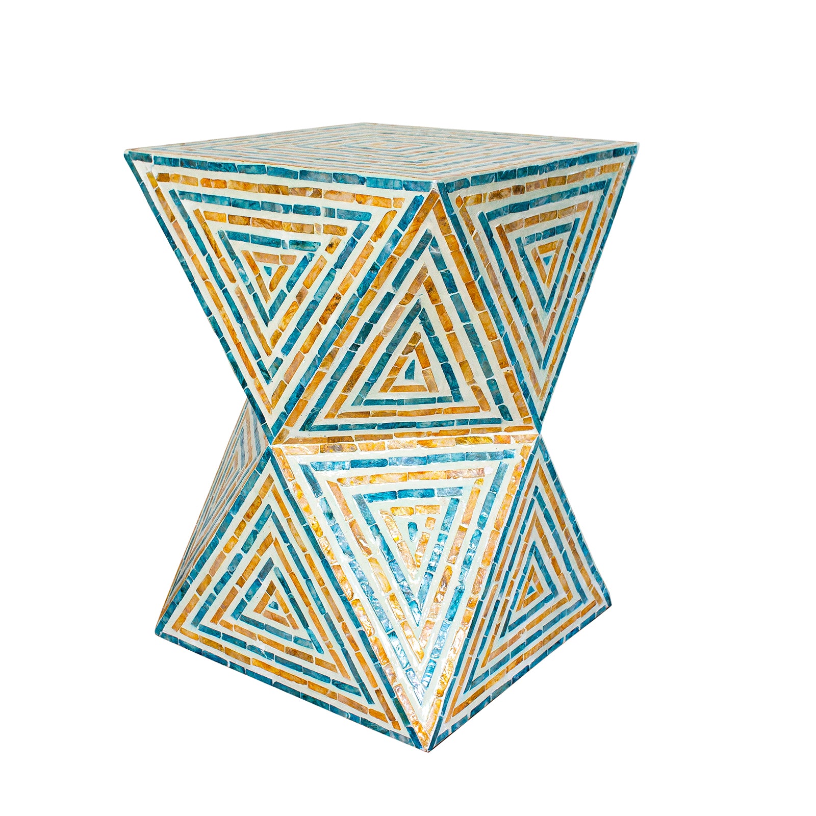 Enki 35cm Mother of Pearl Inlay Side Table in Orange & Blue, featuring an hourglass shape with a triangular mosaic pattern of blue, teal, and amber tiles, highlighting artisanal elegance.