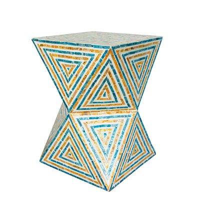 Enki 35cm Mother of Pearl Inlay Side Table in Orange & Blue, featuring an hourglass shape with a triangular mosaic pattern of blue, teal, and amber tiles, highlighting artisanal elegance.