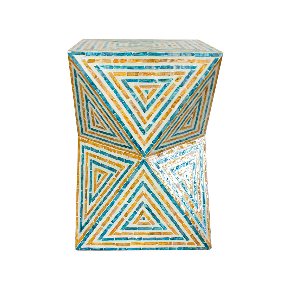 Enki 35cm Mother of Pearl Inlay Side Table in Orange & Blue, showcasing a geometric mosaic of teal, gold, and cream tiles in concentric triangles on its hourglass shape, highlighting modern-art elegance.