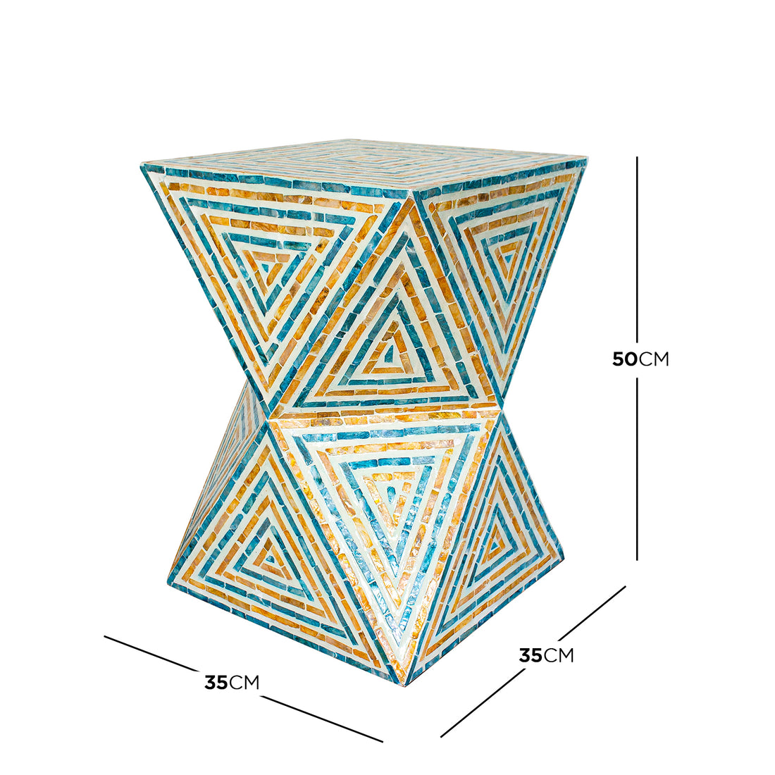Enki 35cm Mother of Pearl Inlay Side Table in Orange & Blue, featuring a geometric mosaic of concentric triangles in turquoise and amber, hourglass shape, 50cm tall, 35cm wide.