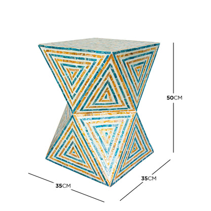 Enki 35cm Mother of Pearl Inlay Side Table in Orange & Blue, featuring a geometric mosaic of concentric triangles in turquoise and amber, hourglass shape, 50cm tall, 35cm wide.