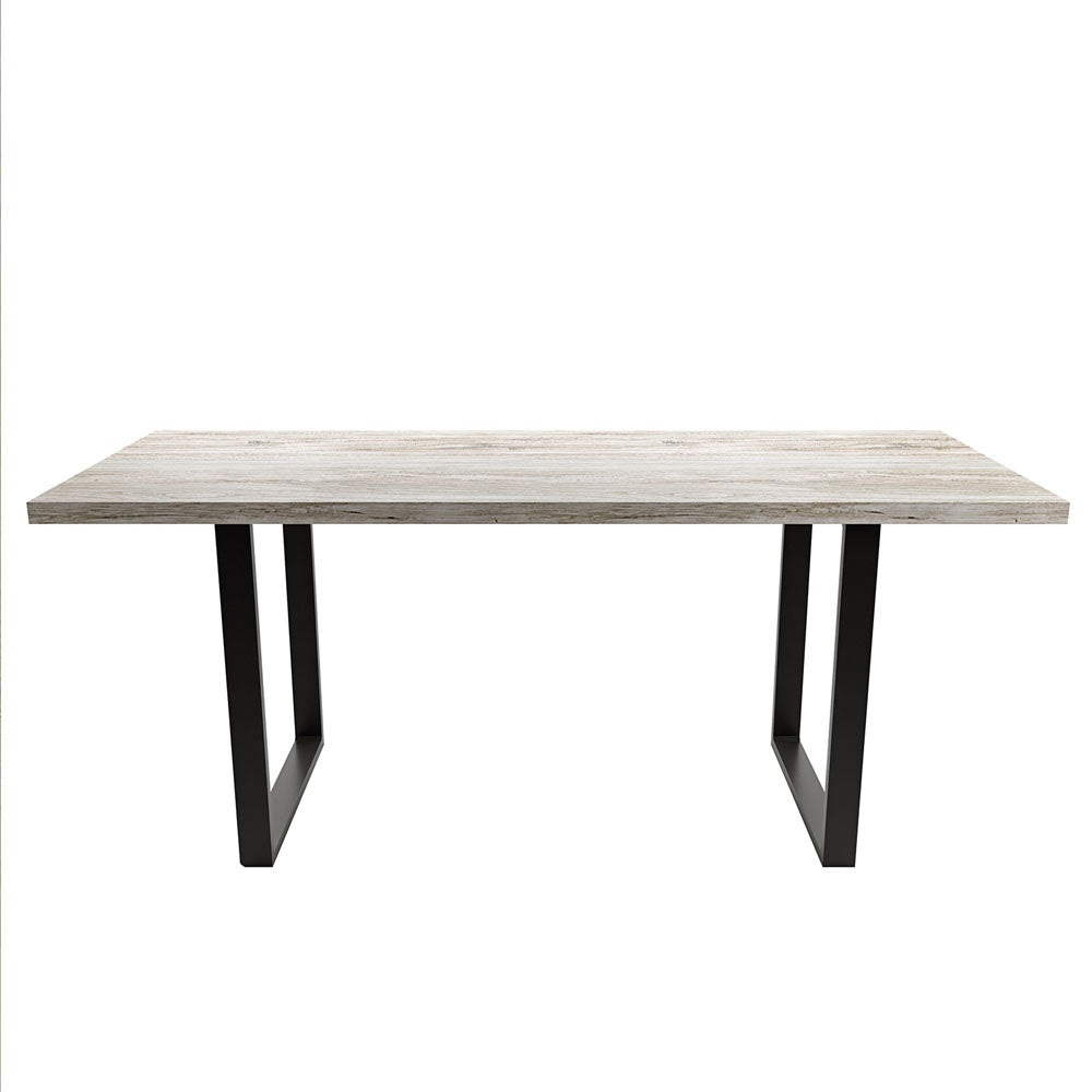 Ernest 200cm 6 Seater Industrial Dining Table in Natural features a light-wood plank-style tabletop on black U-shaped metal legs, designed for casual or formal dining spaces, comfortably seating 6-8 people.