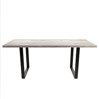 Ernest 200cm 6 Seater Industrial Dining Table in Natural features a light-wood plank-style tabletop on black U-shaped metal legs, designed for casual or formal dining spaces, comfortably seating 6-8 people.