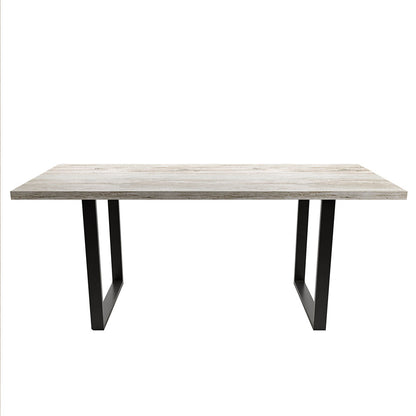 Ernest 200cm 6 Seater Industrial Dining Table in Natural features a light-wood plank-style tabletop on black U-shaped metal legs, designed for casual or formal dining spaces, comfortably seating 6-8 people.