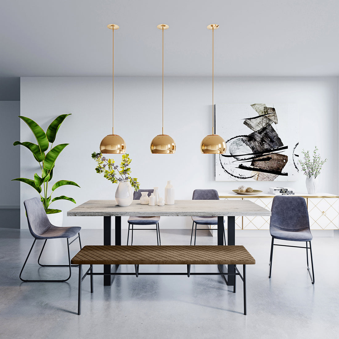 Ernest 200cm 6 Seater Industrial Dining Table in Natural with a pale-wood finish, black U-shaped metal legs, surrounded by grey chairs, featuring white ceramic vases and a narrow wooden bench.