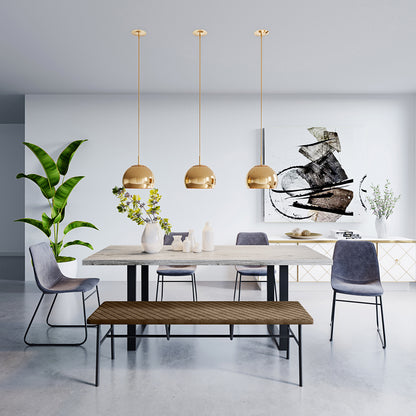 Ernest 200cm 6 Seater Industrial Dining Table in Natural with a pale-wood finish, black U-shaped metal legs, surrounded by grey chairs, featuring white ceramic vases and a narrow wooden bench.