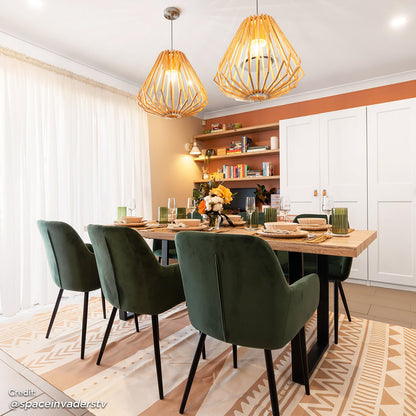 Ernest 200cm 6 Seater Industrial Dining Table in Natural, featuring a reclaimed-look tabletop, U-shaped black metal legs, and set with modern dining elements like woven placemats and elegant dinnerware.