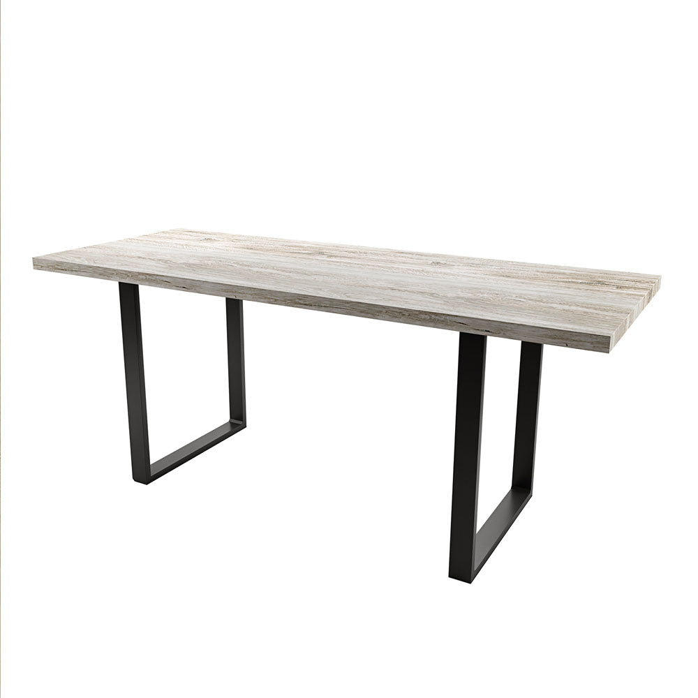 Ernest 200cm 6 Seater Industrial Dining Table in Natural features a light-wood, white-washed plank top with black U-shaped metal legs, embodying a modern, industrial aesthetic.