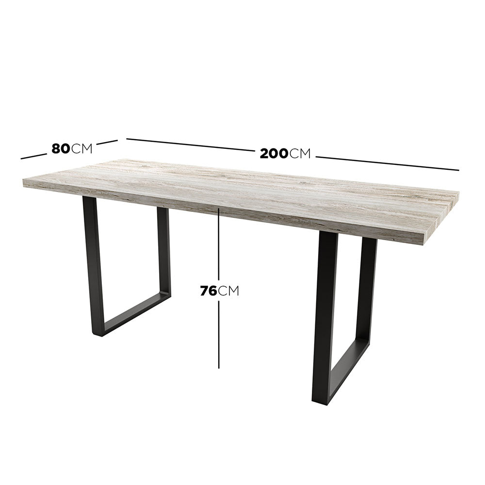 Ernest 200cm 6 Seater Industrial Dining Table in Natural, featuring a wood-grained top with U-shaped black metal legs, designed for modern dining spaces, comfortably seating up to eight guests.