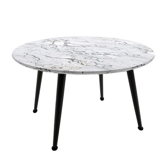 Eugene 120cm 4 Seater Round Dining Table in Marble features a white marble-patterned tabletop with slender, tapered black metal legs, offering a stylish and functional addition to any modern dining space.