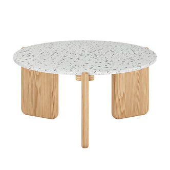 Everlee Hardwood American Oak Coffee Table in Natural features a white, speckled terrazzo round top and a light, natural-finish three-leg wooden base, ideal for modern spaces.