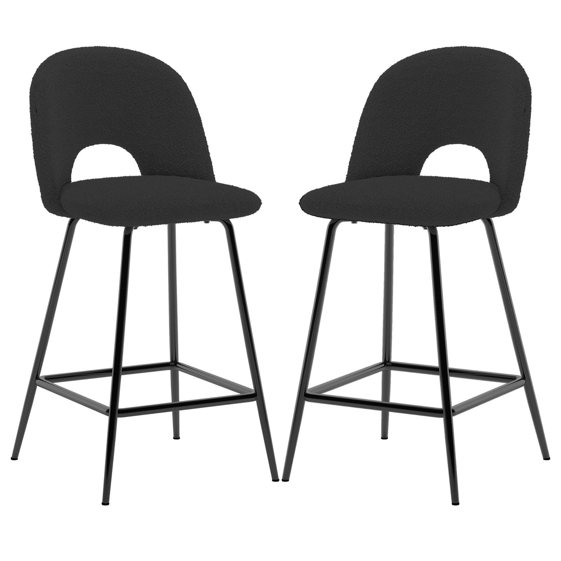 Evie High Back Boucle Bar Stool Set of 2 in Black features curved black upholstered seats, black metal legs with square foot-rest, offering a stylish and comfortable seating solution for modern spaces.