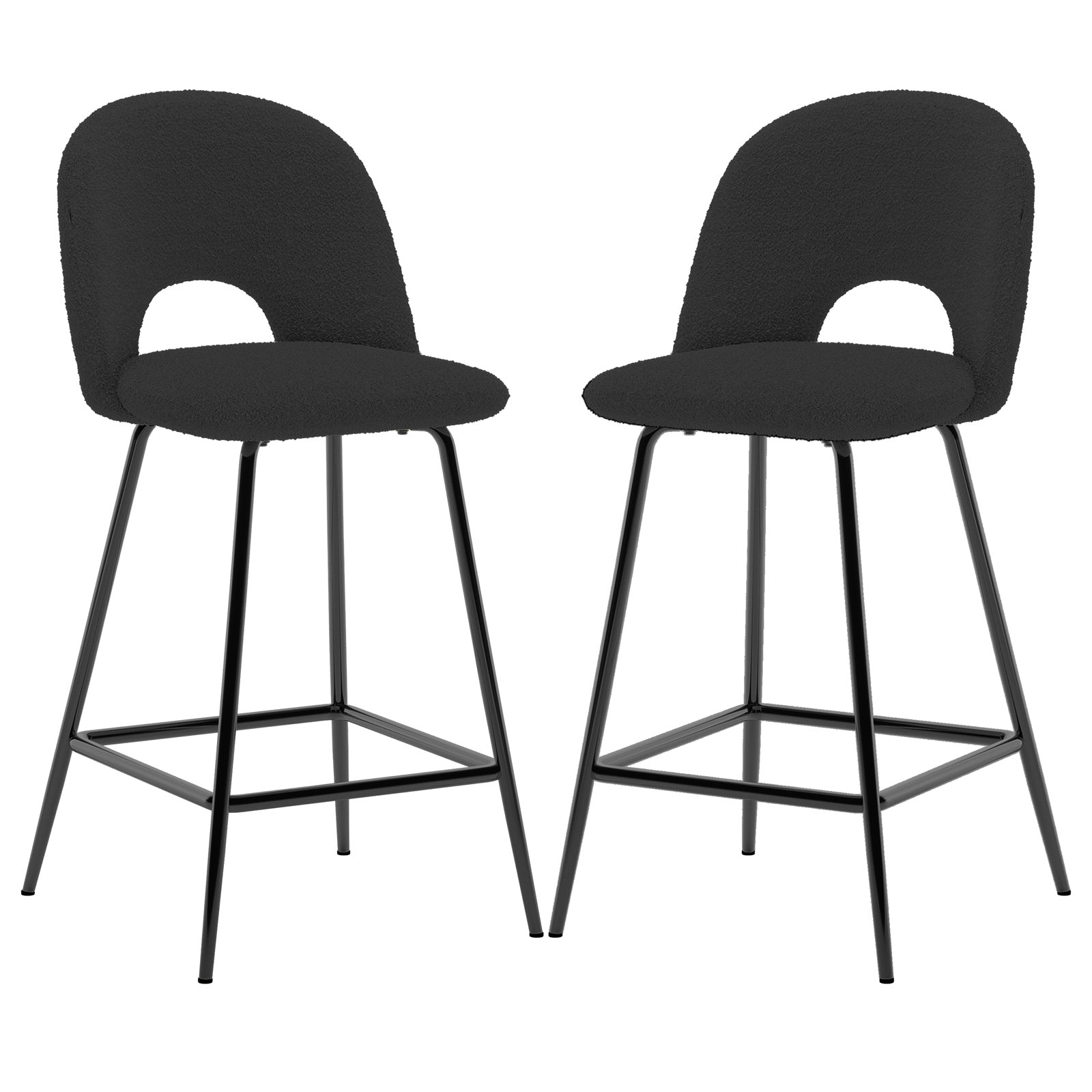 Evie High Back Boucle Bar Stool Set of 2 in Black features curved black upholstered seats, black metal legs with square foot-rest, offering a stylish and comfortable seating solution for modern spaces.