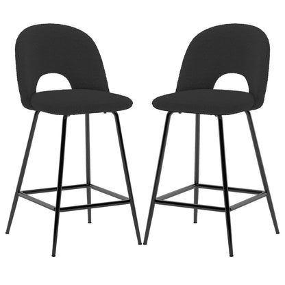 Evie High Back Boucle Bar Stool Set of 2 in Black features curved black upholstered seats, black metal legs with square foot-rest, offering a stylish and comfortable seating solution for modern spaces.