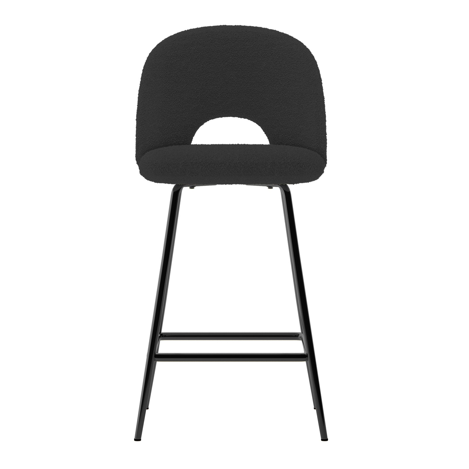 Evie High Back Boucle Bar Stool Set of 2 in Black, featuring rounded boucle upholstered seats, low backrests with cut-outs, and sleek black metal legs with foot-rest bars.