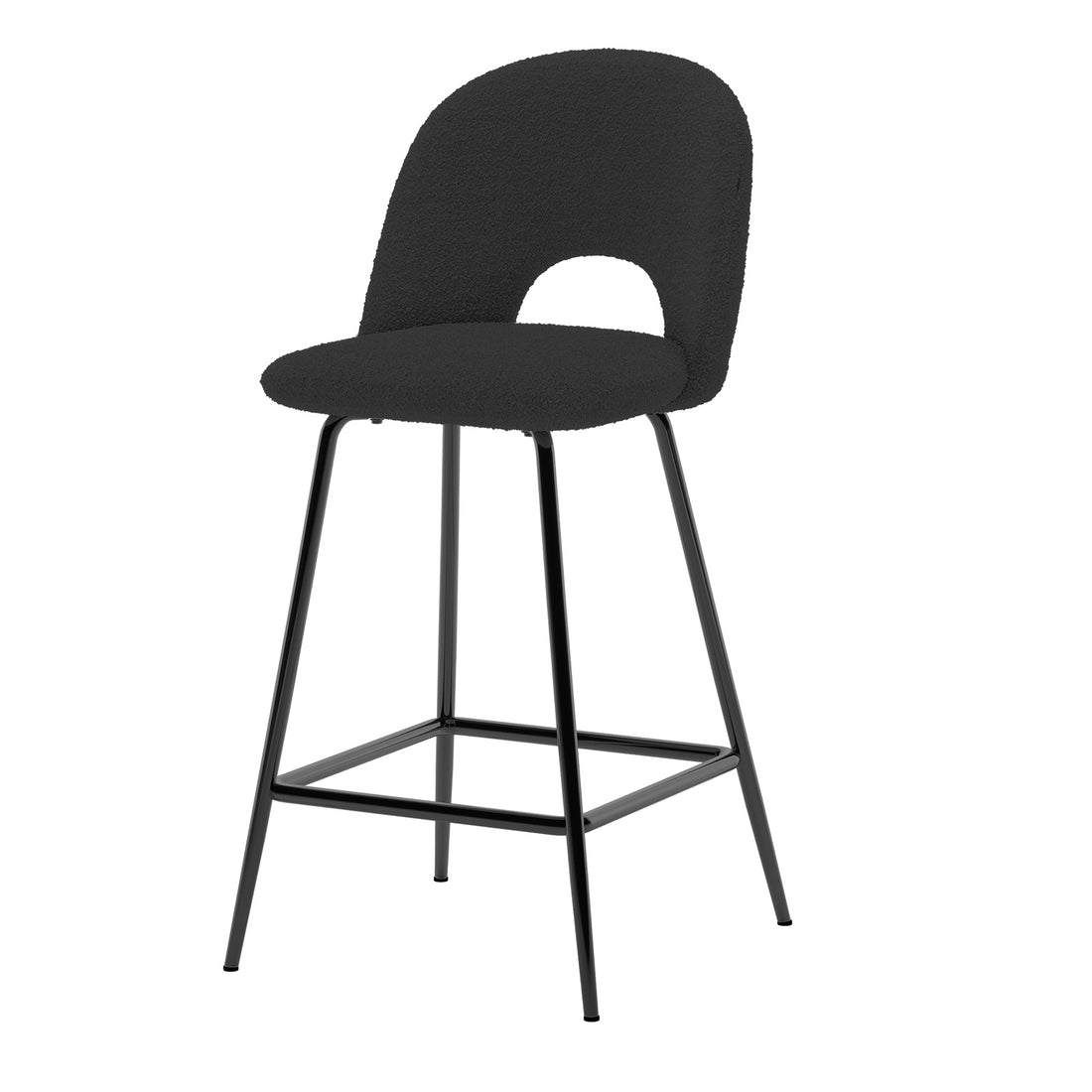 Evie High Back Boucle Bar Stool Set of 2 in Black features padded upholstery on a sleek black metal frame with four legs and a footrest, perfect for modern dining or entertainment spaces.