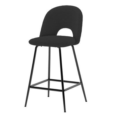 Evie High Back Boucle Bar Stool Set of 2 in Black features padded upholstery on a sleek black metal frame with four legs and a footrest, perfect for modern dining or entertainment spaces.